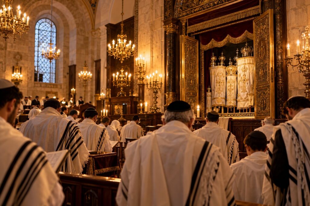 Worshippers wrapped in white tallitot praying in a candlelit synagogue on the evening of Yom Kippur before the open Holy Ark