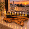 Black olive wood Hanukkah menorah lit by a window overlooking Jerusalem at sunset