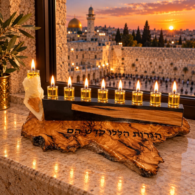 Black olive wood Hanukkah menorah lit by a window overlooking Jerusalem at sunset