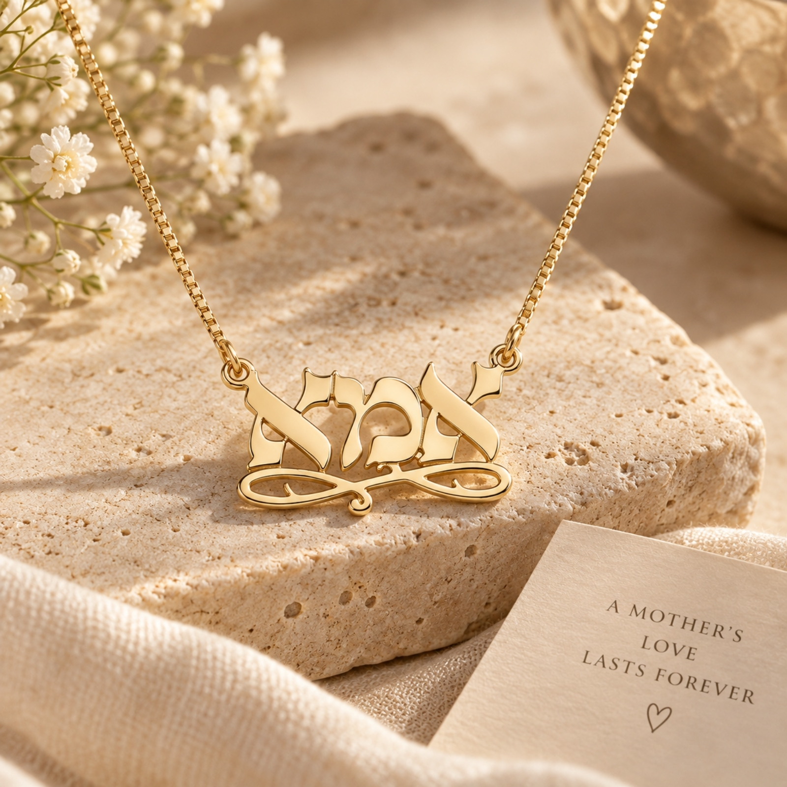 Hebrew Name Necklace 14K Solid Gold, Flowing Script Nameplate, Yellow or White, Up to 40mm Hebrew Name Necklace 14K Solid Gold, Flowing Script Nameplate, Yellow or White, Up to 40mm
