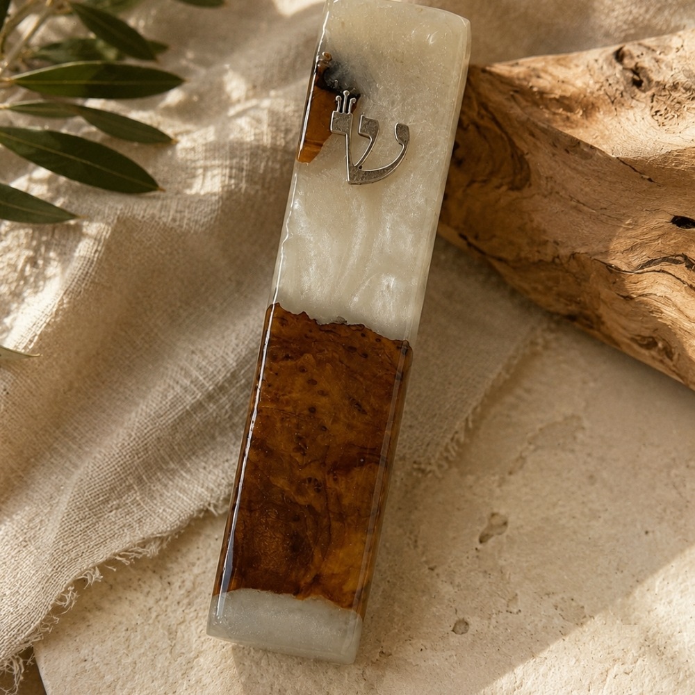 Handmade Olive Wood Mezuzah Case, White Epoxy Resin, Jewish Home Decor Handmade Olive Wood Mezuzah Case, White Epoxy Resin, Jewish Home Decor