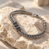 Hebrew name bracelet for dad on stone, stainless steel wheat chain with three engraved Hebrew name beads