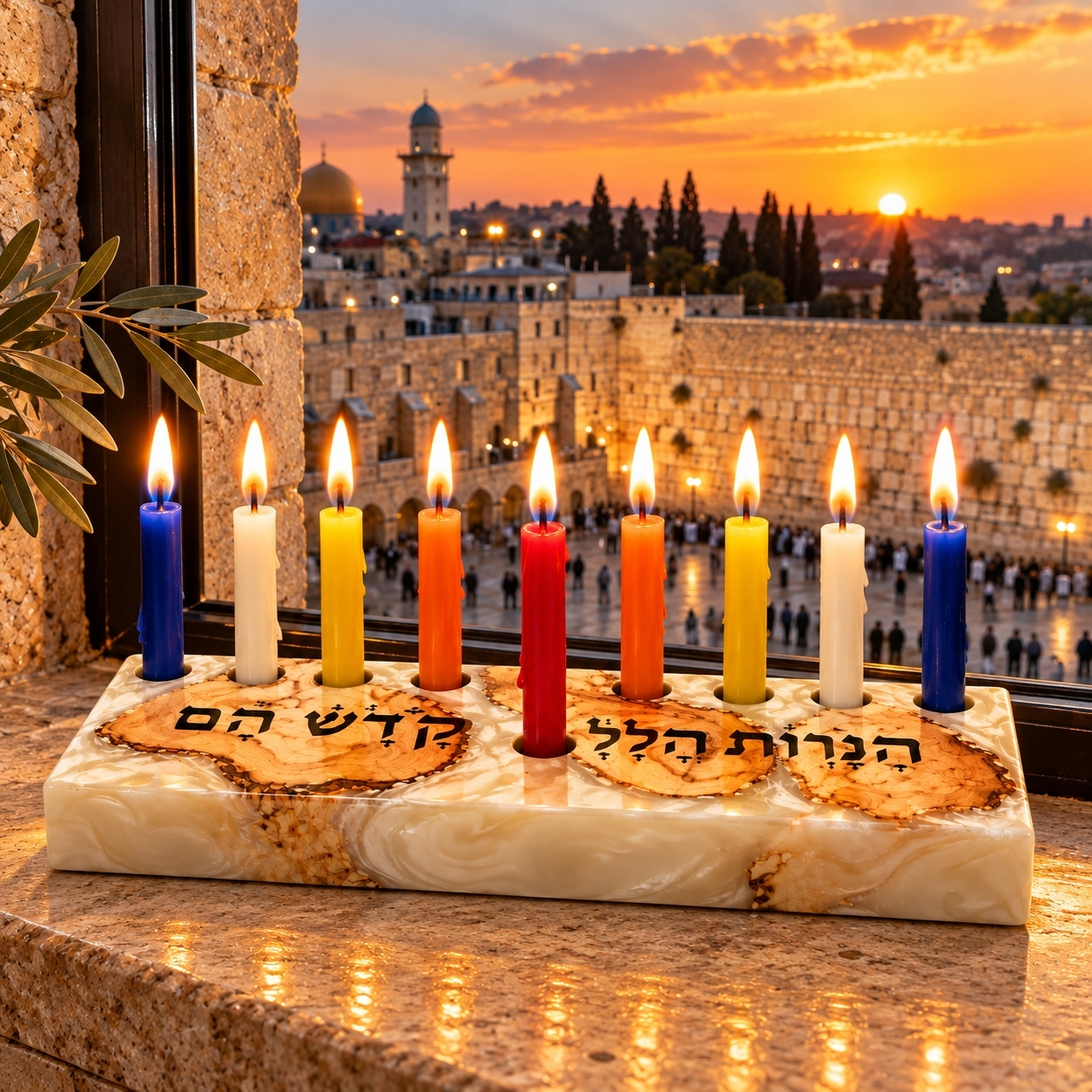 Olive Wood Hanukkah Menorah with Epoxy Resin, Modern Handmade Chanukiah Olive Wood Hanukkah Menorah with Epoxy Resin, Modern Handmade Chanukiah