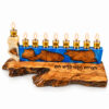 Blue resin olive wood menorah with nine gold-tone cups and Israel map shamash