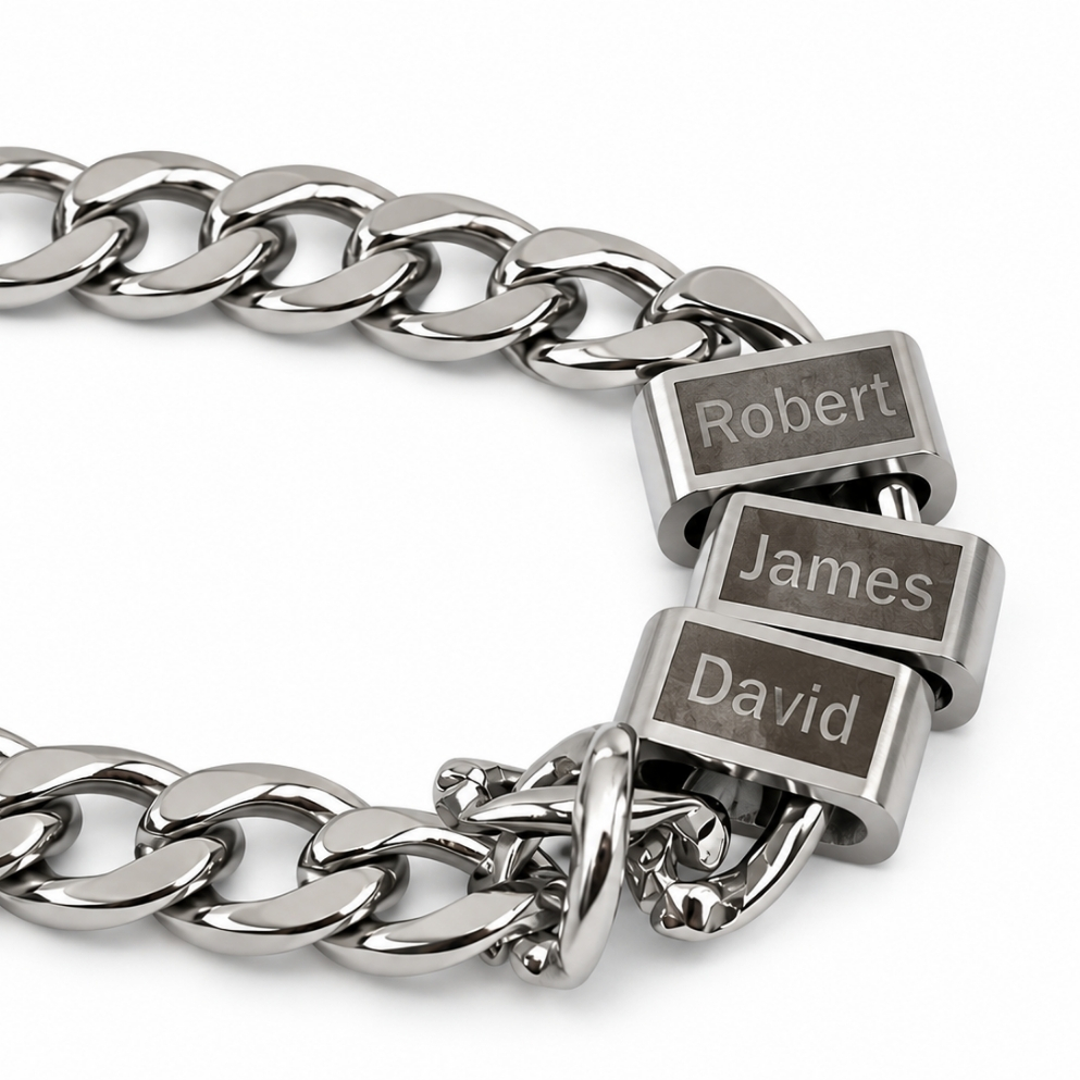 Hebrew Name Necklace for Dad, Engraved Bead Cuban Chain, Stainless Steel, Silver or Gold Hebrew Name Necklace for Dad, Engraved Bead Cuban Chain, Stainless Steel, Silver or Gold