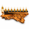 Black resin olive wood menorah with nine gold-tone cups and Israel map shamash