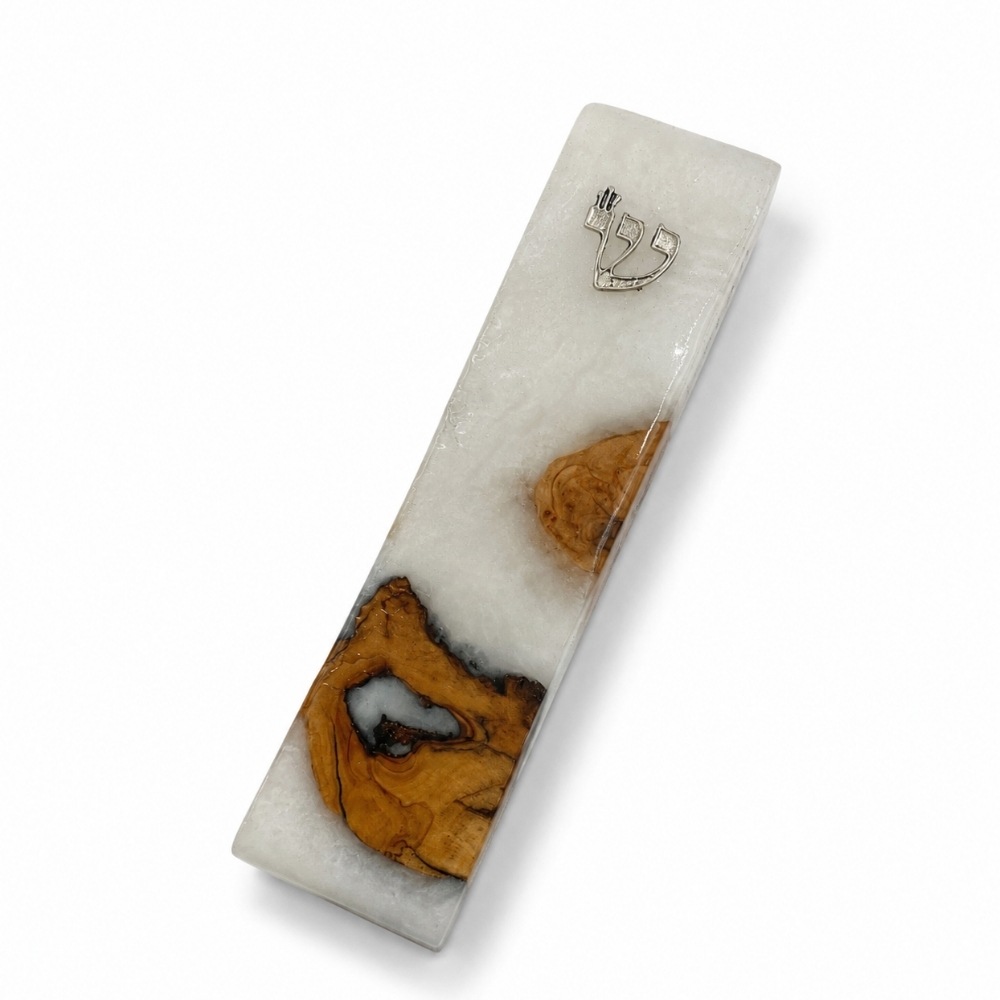 Handmade Olive Wood Mezuzah Case, White Epoxy Resin, Jewish Home Decor Handmade Olive Wood Mezuzah Case, White Epoxy Resin, Jewish Home Decor