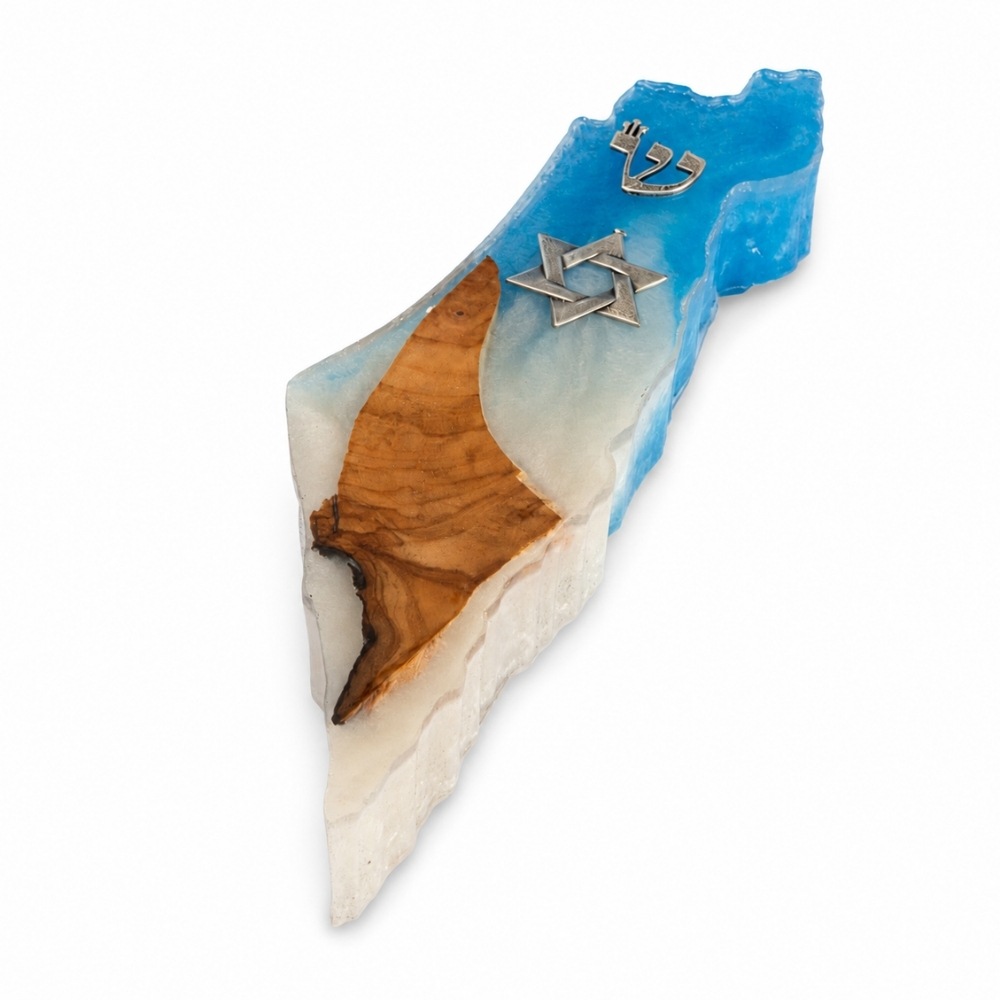 Handmade Olive Wood Mezuzah, Israel Map, Two-Tone Resin Judaica Handmade Olive Wood Mezuzah, Israel Map, Two-Tone Resin Judaica