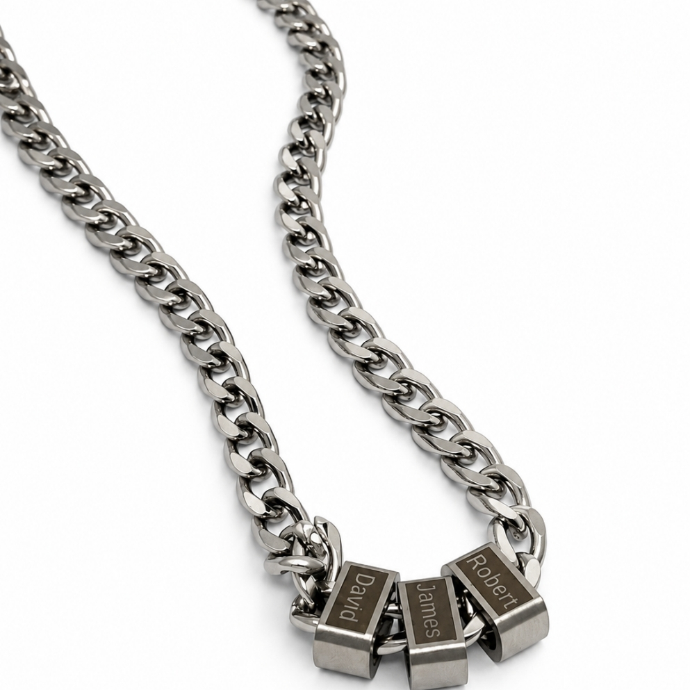 Hebrew Name Necklace for Dad, Engraved Bead Cuban Chain, Stainless Steel, Silver or Gold Hebrew Name Necklace for Dad, Engraved Bead Cuban Chain, Stainless Steel, Silver or Gold