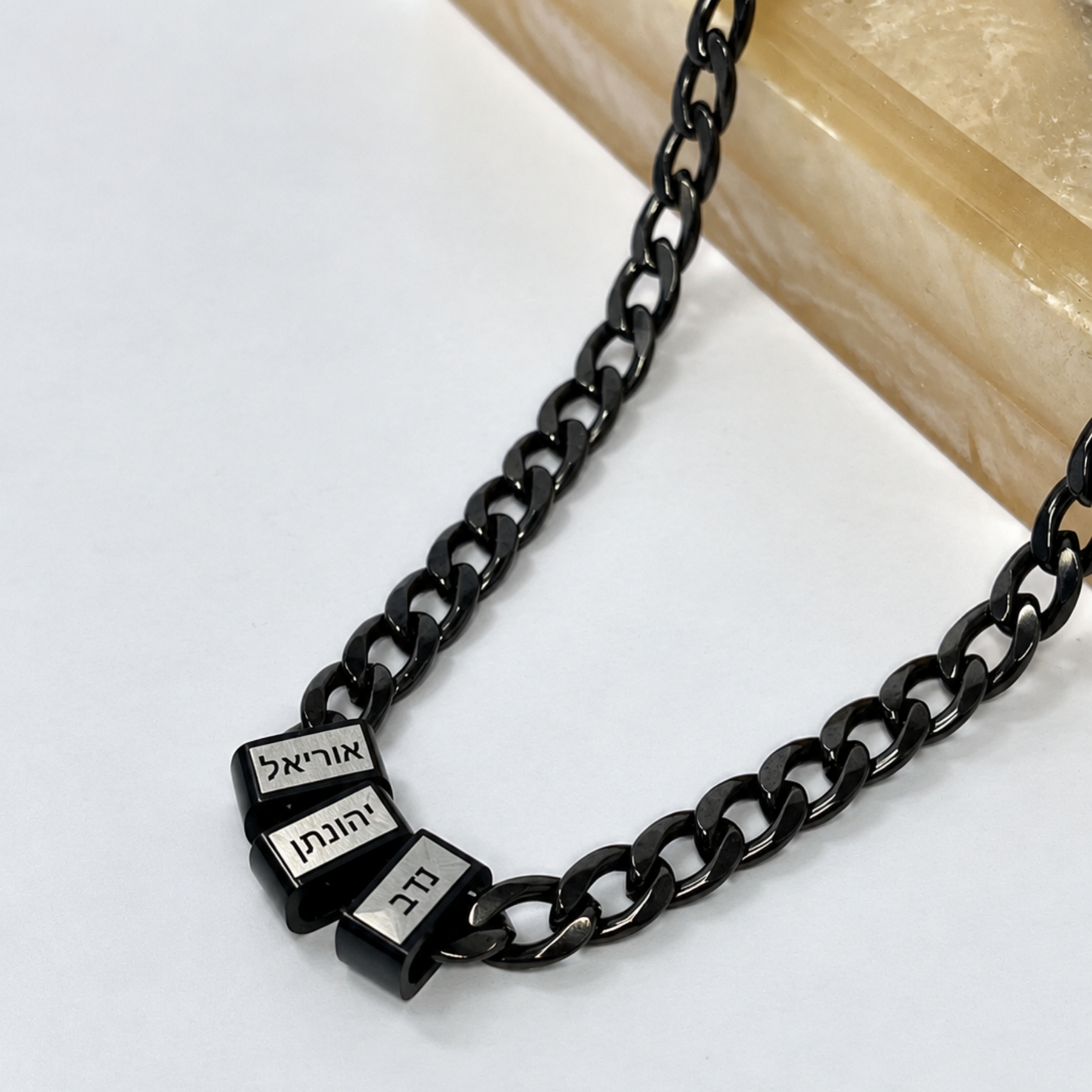 Black Hebrew Name Necklace for Men, Engraved Bead Cuban Chain, Stainless Steel Black Hebrew Name Necklace for Men, Engraved Bead Cuban Chain, Stainless Steel