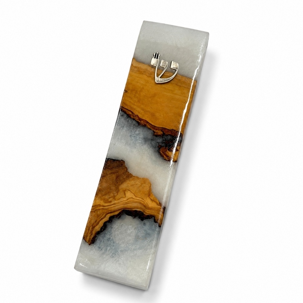 Handmade Olive Wood Mezuzah Case, White Epoxy Resin, Jewish Home Decor Handmade Olive Wood Mezuzah Case, White Epoxy Resin, Jewish Home Decor