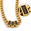 Gold tone name bead necklace with a magnified view of one engraved bead showing the clear lettering on the black panel