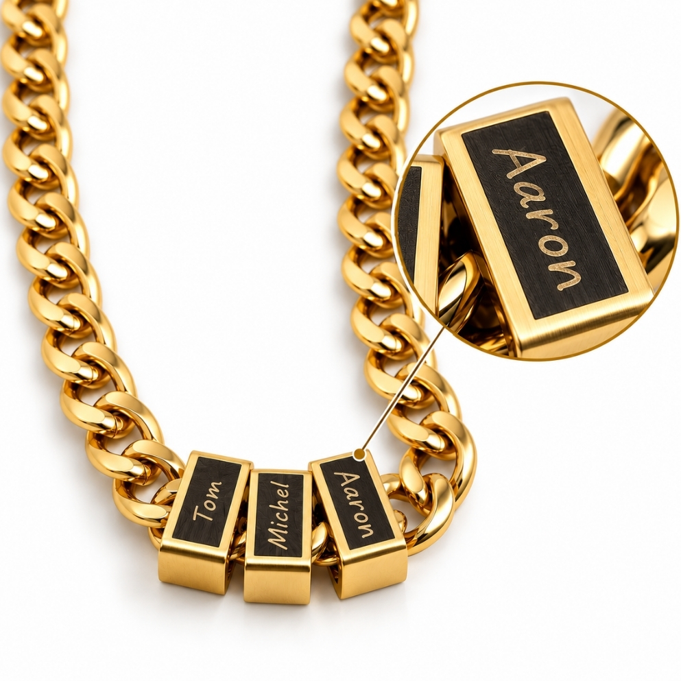 Hebrew Name Necklace for Dad, Engraved Bead Cuban Chain, Stainless Steel, Silver or Gold Hebrew Name Necklace for Dad, Engraved Bead Cuban Chain, Stainless Steel, Silver or Gold