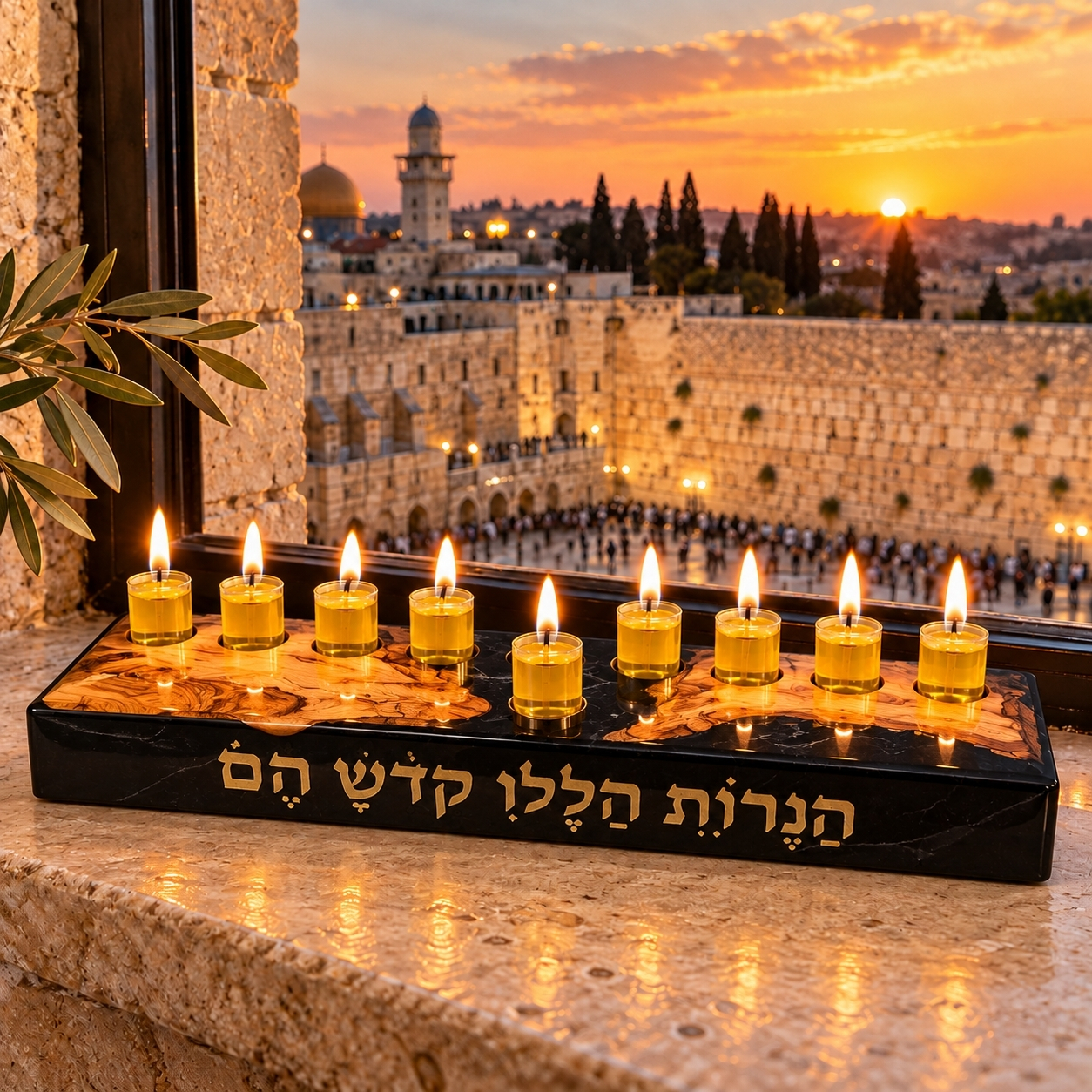 Olive Wood Hanukkah Menorah with Epoxy Resin, Modern Handmade Chanukiah Olive Wood Hanukkah Menorah with Epoxy Resin, Modern Handmade Chanukiah