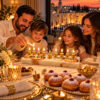 Family lighting a white epoxy olive wood Hanukkah menorah at a festive table with sufganiyot and Jerusalem in the background