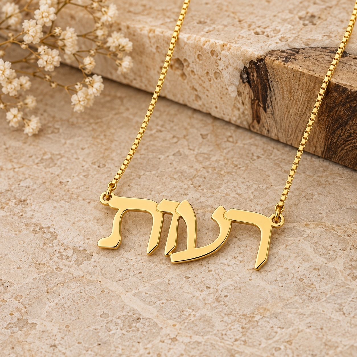 Hebrew Name Necklace 14K Solid Gold, Classic Nameplate, Yellow or White, 40mm Hebrew Name Necklace 14K Solid Gold, Classic Nameplate, Yellow or White, 40mm