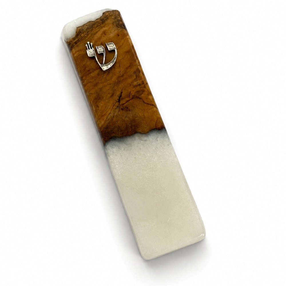 Handmade Olive Wood Mezuzah Case, White Epoxy Resin, Jewish Home Decor Handmade Olive Wood Mezuzah Case, White Epoxy Resin, Jewish Home Decor
