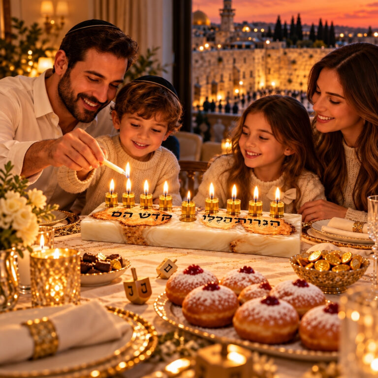 Family lighting a white epoxy olive wood Hanukkah menorah at a festive table with sufganiyot and Jerusalem in the background