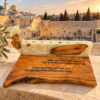 White olive wood Hanukkah menorah with blessings, Jerusalem Old City in the background