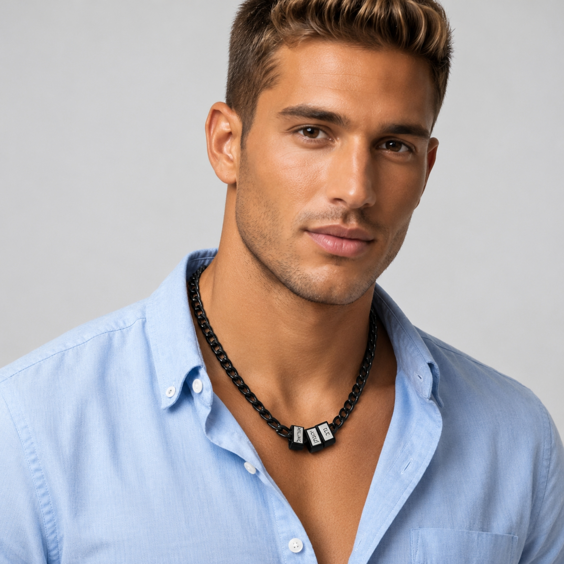 Black Hebrew Name Necklace for Men, Engraved Bead Cuban Chain, Stainless Steel Black Hebrew Name Necklace for Men, Engraved Bead Cuban Chain, Stainless Steel