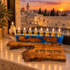 Blue olive wood Hanukkah menorah lit by a window overlooking Jerusalem at sunset