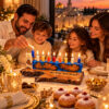 Family lighting a blue olive wood Hanukkah menorah together