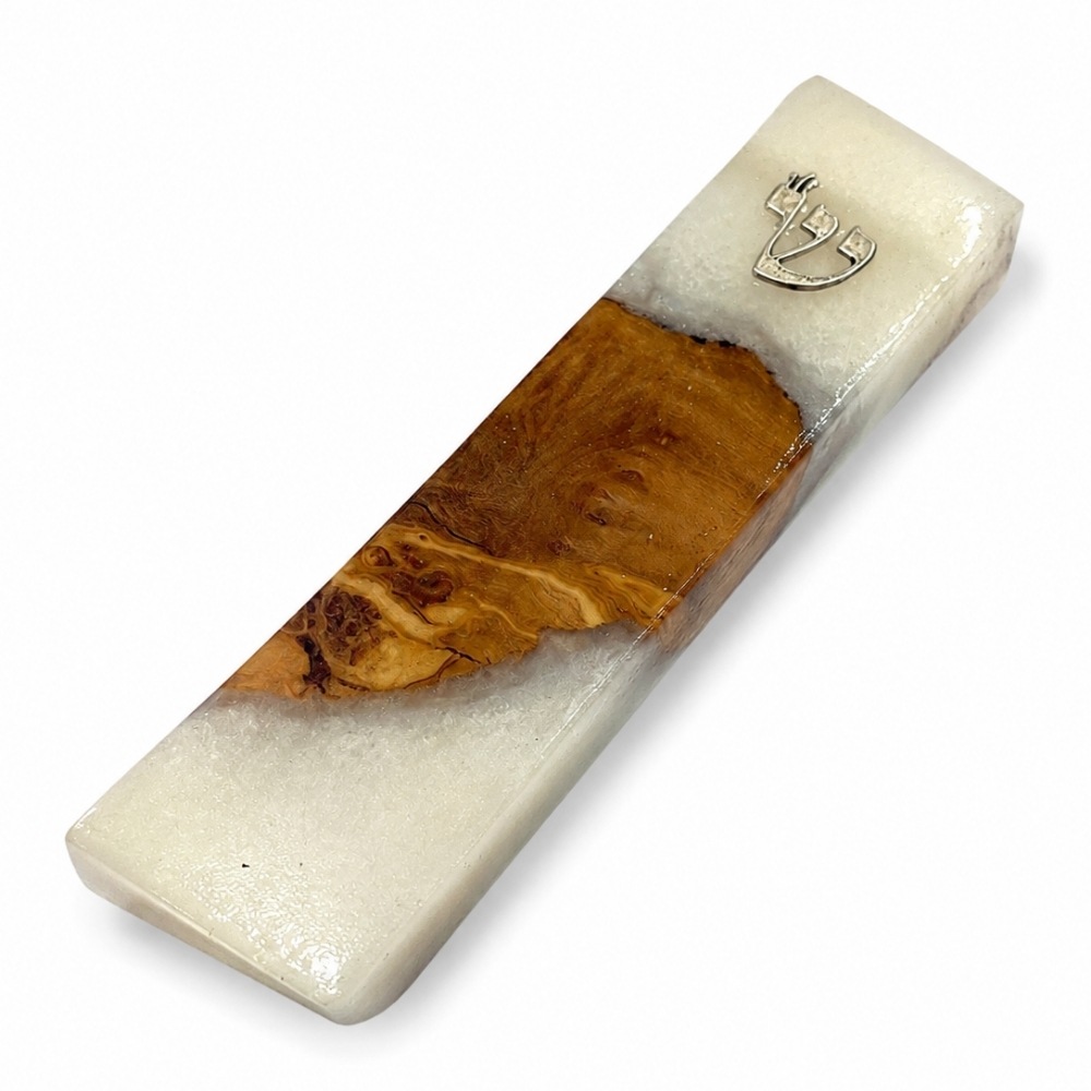 Handmade Olive Wood Mezuzah Case, White Epoxy Resin, Jewish Home Decor Handmade Olive Wood Mezuzah Case, White Epoxy Resin, Jewish Home Decor
