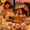 Family lighting a black olive wood Hanukkah menorah together