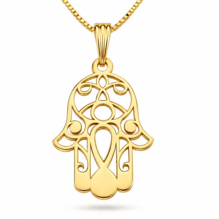 Hamsa necklace in 14K solid yellow gold, open filigree Hamsa hand pendant with Evil Eye on a box chain, white background