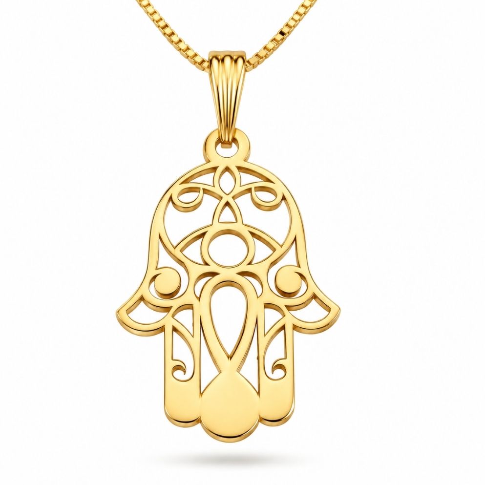Hamsa Necklace 14K Solid Gold, Evil Eye Filigree Pendant, Yellow or White, 20x30mm Hamsa Necklace 14K Solid Gold, Evil Eye Filigree Pendant, Yellow or White, 20x30mm