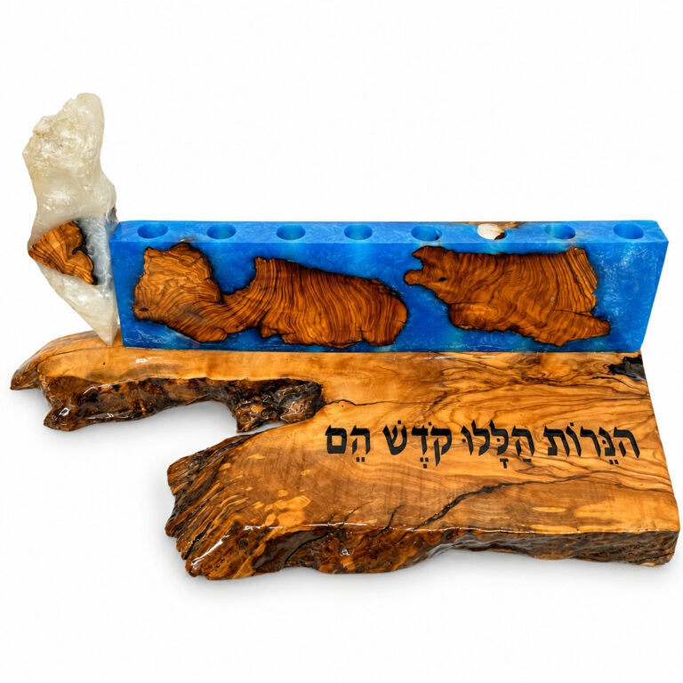 Blue epoxy resin olive wood Hanukkah menorah with Israel map shamash on white background