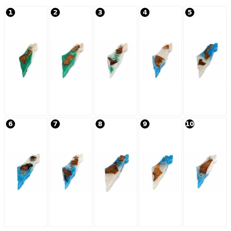 Numbered chart of all Israel map olive wood mezuzah styles 1-10 in green and blue epoxy - choose your style by number