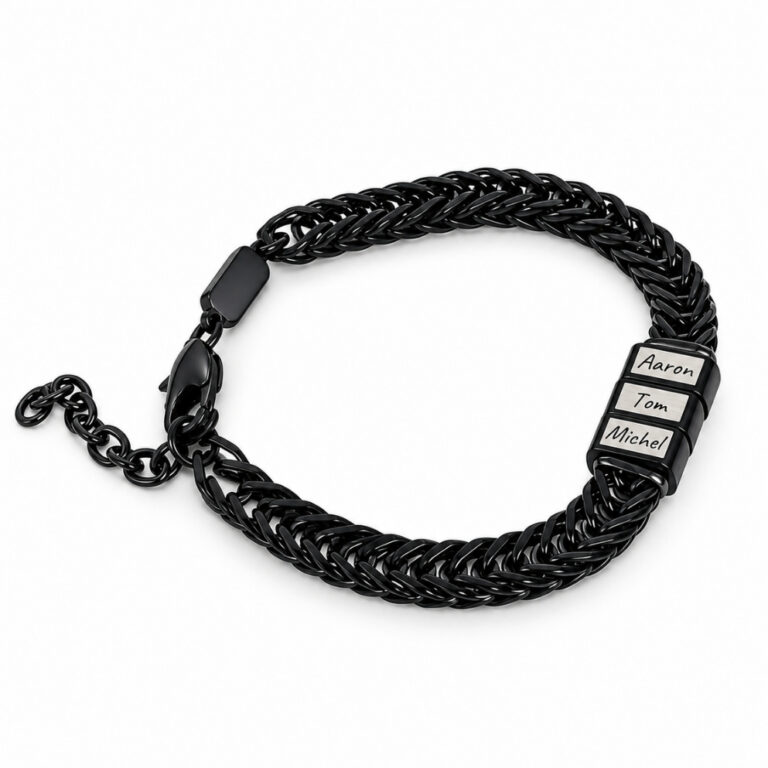 Black stainless steel Hebrew name bracelet for dad on white, wheat chain with three engraved name beads and lobster clasp