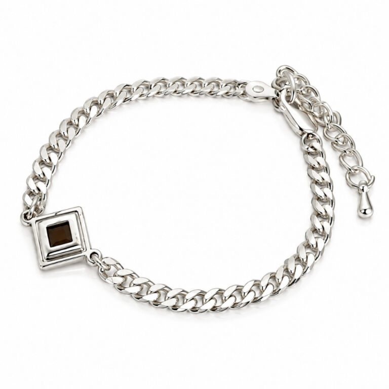 Sterling silver Nano Bible Bracelet on a white background, square Tanakh pendant with nano chip on a 4.4mm Cuban link chain with extender chain