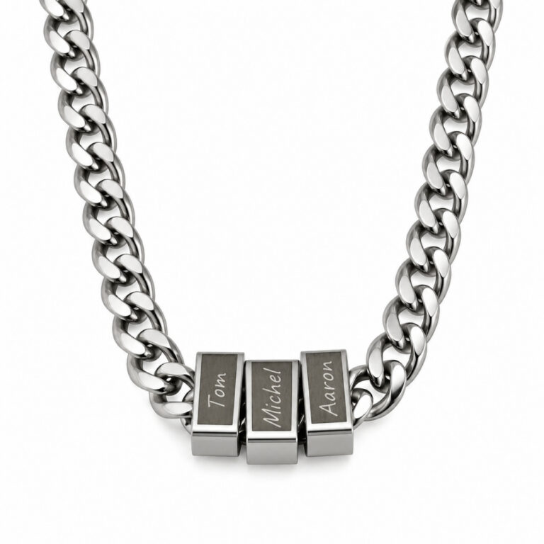 Silver tone stainless steel Cuban chain with three engraved name beads on a white background, Hebrew name necklace for dad