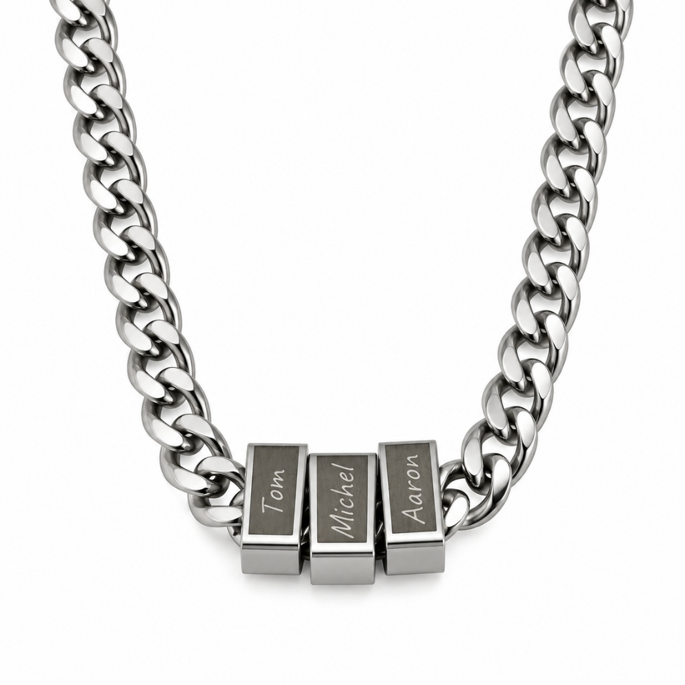Hebrew Name Necklace for Dad, Engraved Bead Cuban Chain, Stainless Steel, Silver or Gold Hebrew Name Necklace for Dad, Engraved Bead Cuban Chain, Stainless Steel, Silver or Gold