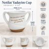 Netilat Yadayim washing cup size guide: 15 cm (5.9 in) wide, 14 cm (5.5 in) high, polymer, 0.66 kg, with front, side and top views