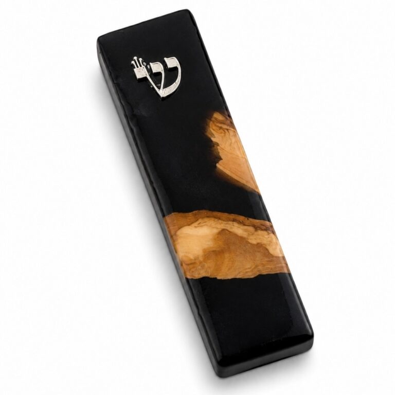 Black epoxy olive wood mezuzah case, Style 1, on a white background - each piece is one of a kind
