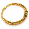 Gold tone stainless steel Hebrew name bracelet for dad on white, wheat chain with three engraved Hebrew name beads
