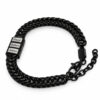 Black name bead bracelet for dad showing three engraved names and the adjustable extender chain on white