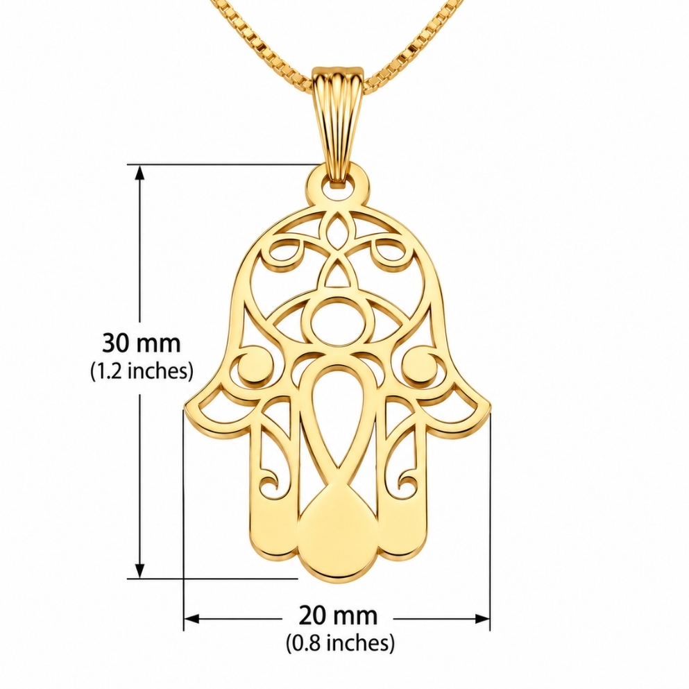 Hamsa Necklace 14K Solid Gold, Evil Eye Filigree Pendant, Yellow or White, 20x30mm Hamsa Necklace 14K Solid Gold, Evil Eye Filigree Pendant, Yellow or White, 20x30mm