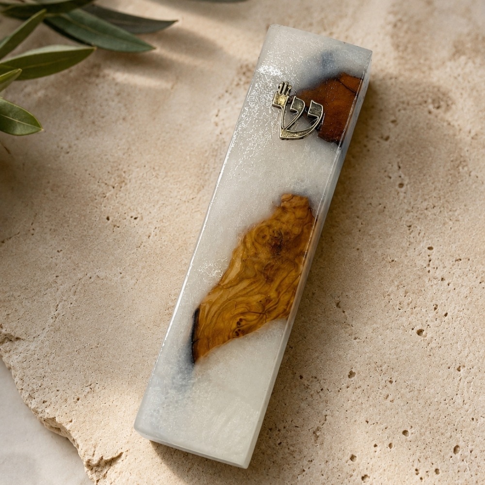 Handmade Olive Wood Mezuzah Case, White Epoxy Resin, Jewish Home Decor Handmade Olive Wood Mezuzah Case, White Epoxy Resin, Jewish Home Decor