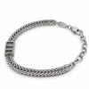 Silver tone name bead bracelet for men, side view on white showing the wheat chain, lobster clasp and extender