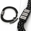 Black family name bracelet with a close-up of three engraved stainless steel beads showing clear lettering
