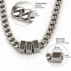 Size guide for the Hebrew name necklace: 6.2 mm Cuban chain width and 10 x 5 mm engraved bead, shown on the silver chain