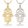 Hamsa necklace in 14K yellow gold and 14K white gold side by side, two Evil Eye filigree pendants with color labels