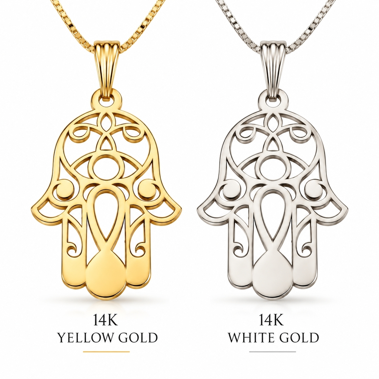 Hamsa Necklace 14K Solid Gold, Evil Eye Filigree Pendant, Yellow or White, 20x30mm Hamsa Necklace 14K Solid Gold, Evil Eye Filigree Pendant, Yellow or White, 20x30mm