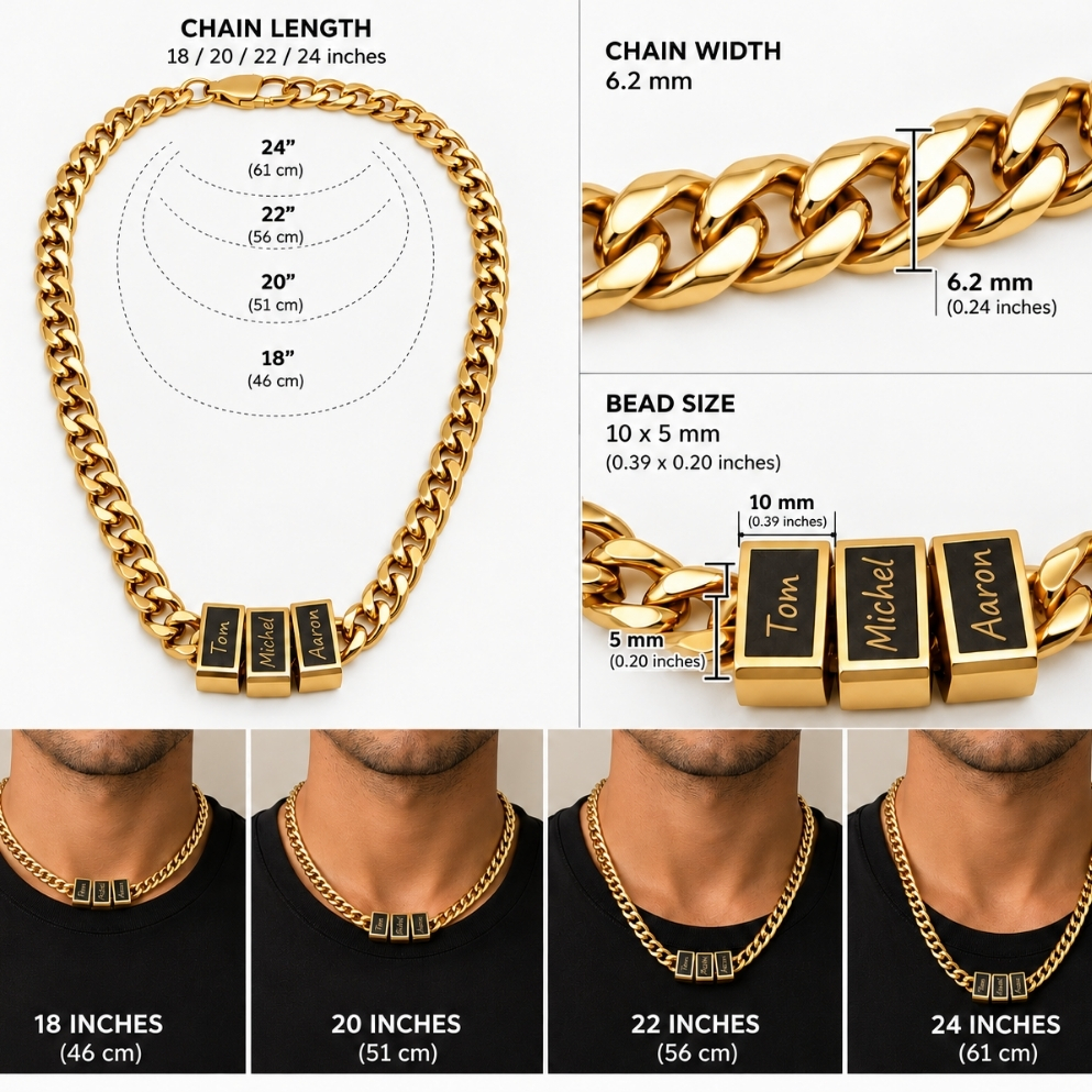 Hebrew Name Necklace for Dad, Engraved Bead Cuban Chain, Stainless Steel, Silver or Gold Hebrew Name Necklace for Dad, Engraved Bead Cuban Chain, Stainless Steel, Silver or Gold