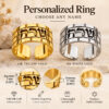 Personalized Hebrew name ring in 14K yellow gold and 14K white gold, with width, thickness and feature details