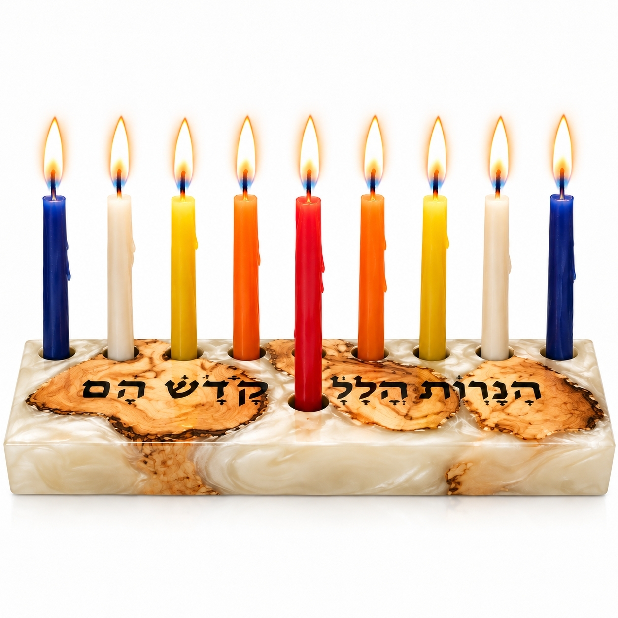 Olive Wood Hanukkah Menorah with Epoxy Resin, Modern Handmade Chanukiah Olive Wood Hanukkah Menorah with Epoxy Resin, Modern Handmade Chanukiah